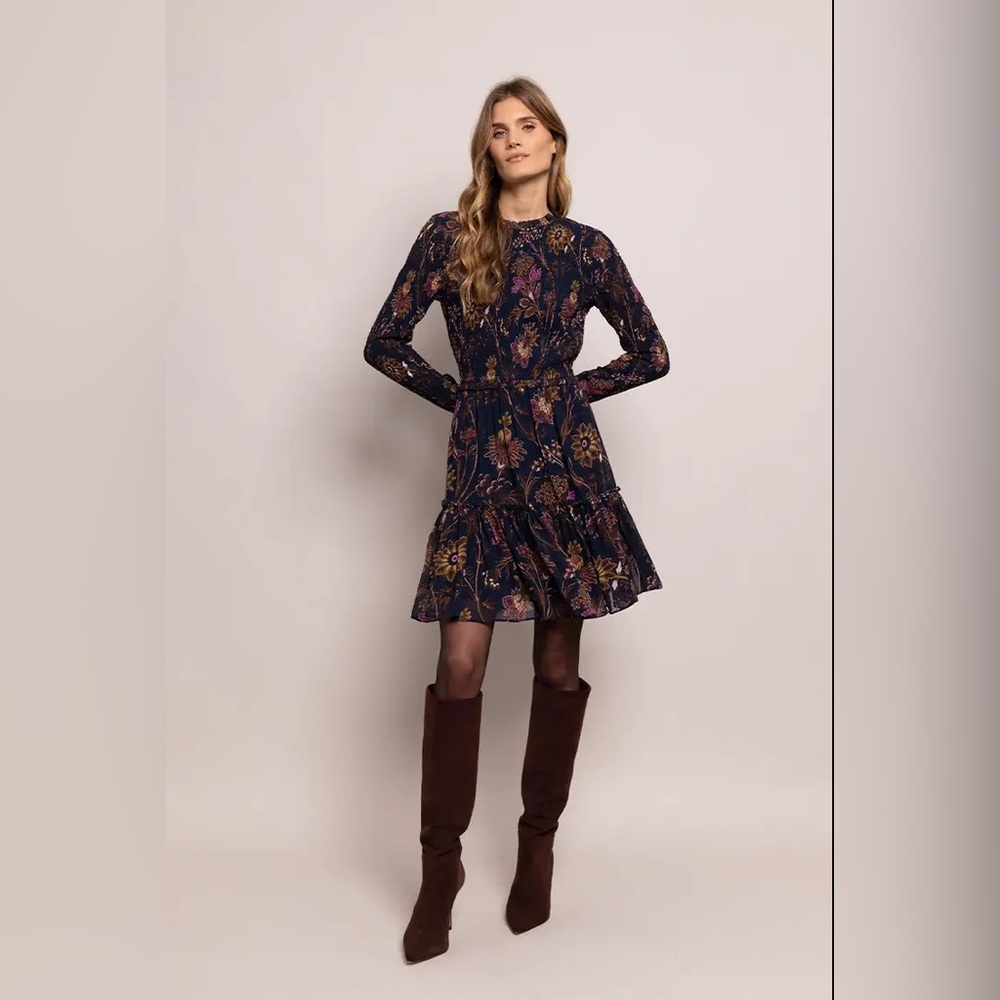 NWT $425 Cara Cara Viola Floral Smocked Ruffle Collar Minidress Sz XS